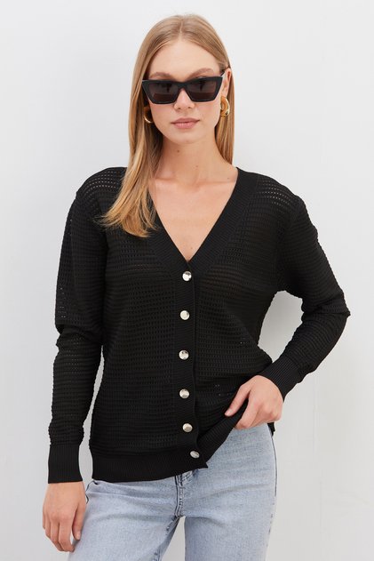 Buttoned V-Neck Openwork Knitwear Cardigan