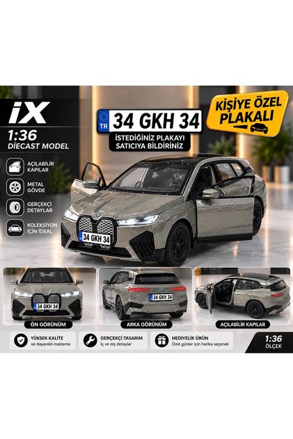 BMW İX 12 CM Metal Araba - Kişiye Özel Plakalı bmw ix Oyuncak Araba - Gri