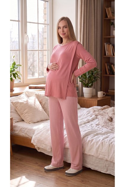 Adjustable Waist Maternity Pajama Set with Hidden Nursing Feature Maternity Clothing