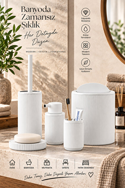 Mega Boy 8 Litre 5 Parça Banyo Seti – Çöp Kovası, Tuvalet Fırçası, Sıvı Sabunluk, Diş Fırçalık ve Katı Sabunluk