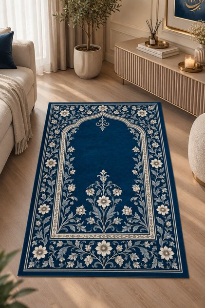 Blue Classic Patterned Digital Print Prayer Rug – Traditional Motif Prayer Mat