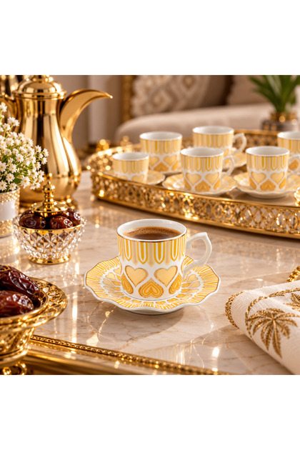 Luxury Porcelain Coffee Cup Set with Gold Decor - 6 Cups + 6 Saucers - Elegant Design for Dining and Parties