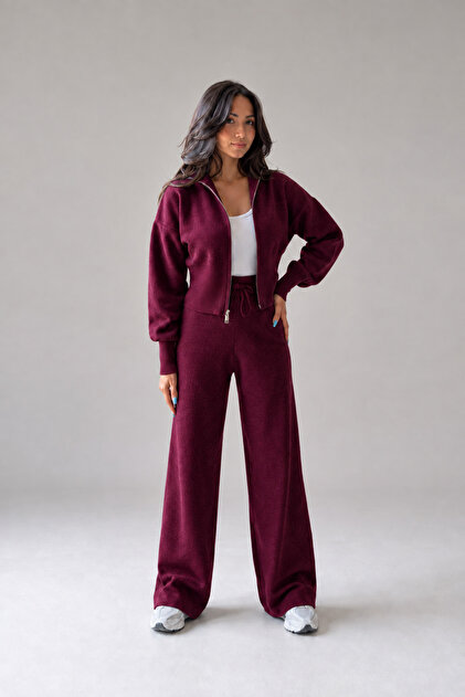 Set de tricotaje pentru femei, burgundy, cu fermoar dublu, mânecă lungă, talie înaltă, pantaloni largi, top și pantaloni.