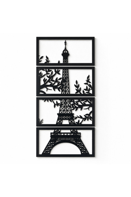 Decorațiune de perete Turnul Eiffel în 4 panouri, siluetă neagră cu frunze, set de 4 rame x 33 x 16 cm