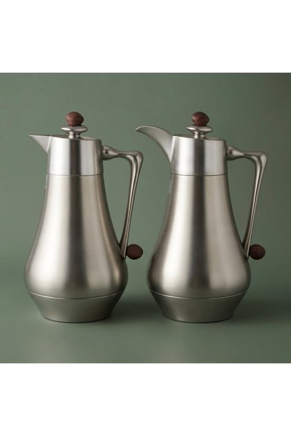 Al Dana Thermos Set 2 Al Saif Gallery, 1 / 1 liter, 2 pieces, glass inner lining, stainless steel outer body, press type - matte silver wooden
