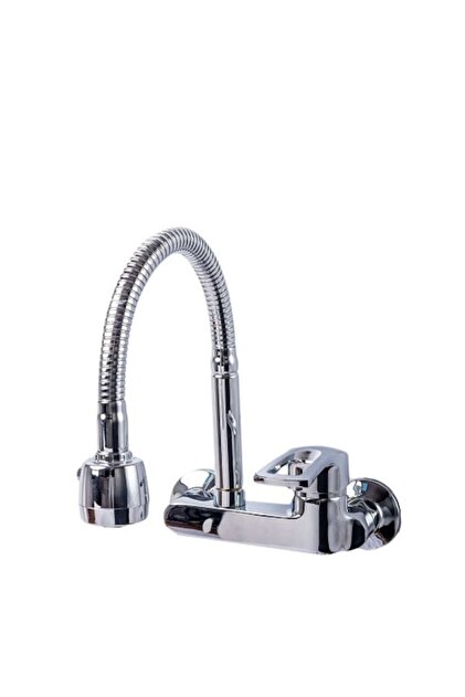 Baterie de bucătărie cu montare pe perete, pipă flexibilă, aerator cu două funcții, crom lucios
