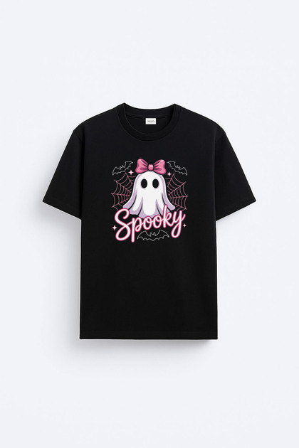 Halloween Ghost Printed Black Crew Neck T-Shirt