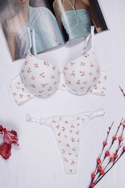 Floral Patterned Supportive Underwire Bra Set Padded Striped Cotton Lingerie Set