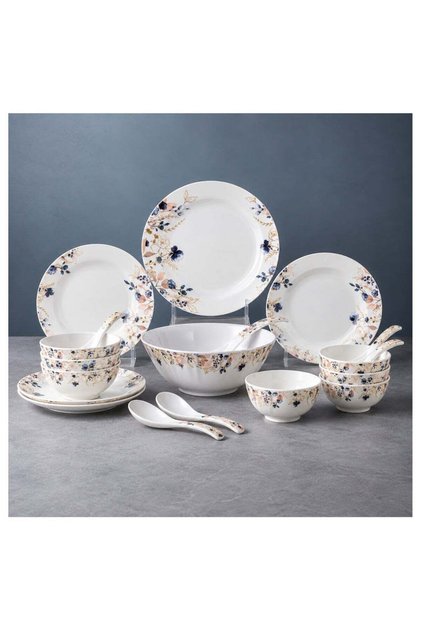 18 Pcs Melamine Dinner Set for 4 | Floral Dinnerware Set with 10" & 8" Deep Plates, 8" Round Bowl, 3.5" Bowls, Soup Spoons & Rice Spoon | White,BB2357