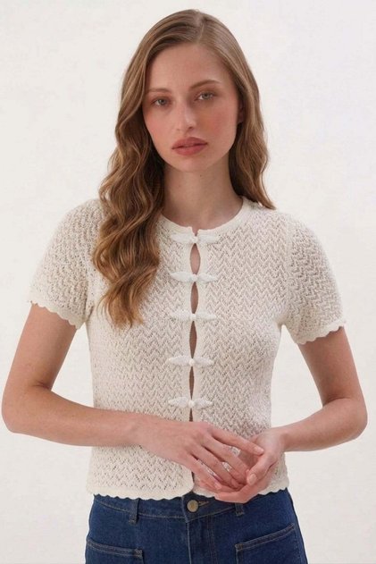 Napoleon Button Short Sleeve Knitwear Blouse Ecru