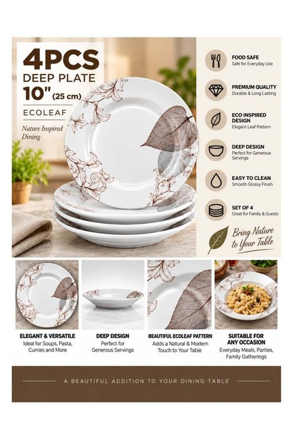 10 Inch Deep Plate Set of 4, ECOLEAF Leaf Design Dinner Plates, 25 cm Large Soup Pasta Curry Serving Plates for Home Kitchen Dining