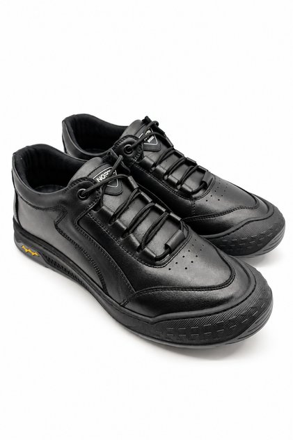 Black Men's 100% Genuine Leather Casual Sports Shoes | Full Orthopedic Internal Structure | Rubber Sole | Rubber Laced | Full Mold | Comfortable Daily Sneaker | Stylish and Comfortable Black Men's Shoe Model