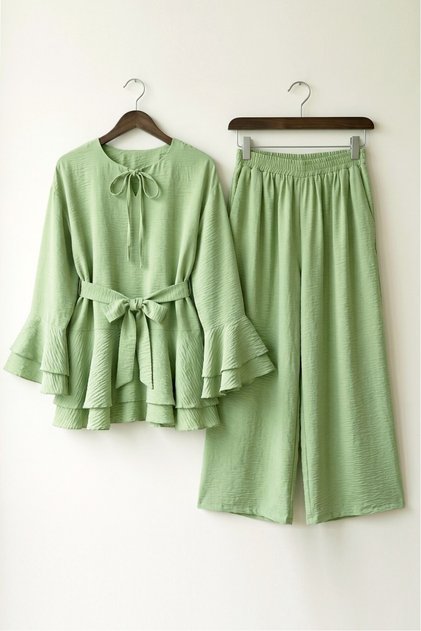 Jacquard Volan Sleeve Top and Pants Set - Pistachio Green - F.Green
