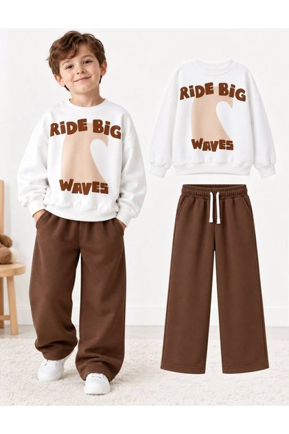 Children's Ride Big Waves Printed Crew Neck Sweatshirt and Wide Leg Sweatpants 2-Piece Set