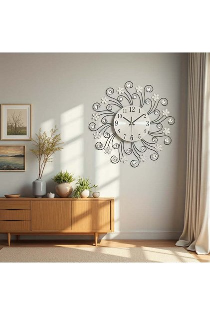 Ceas de perete decorativ tip soare cu floricele 38 cm, Negru