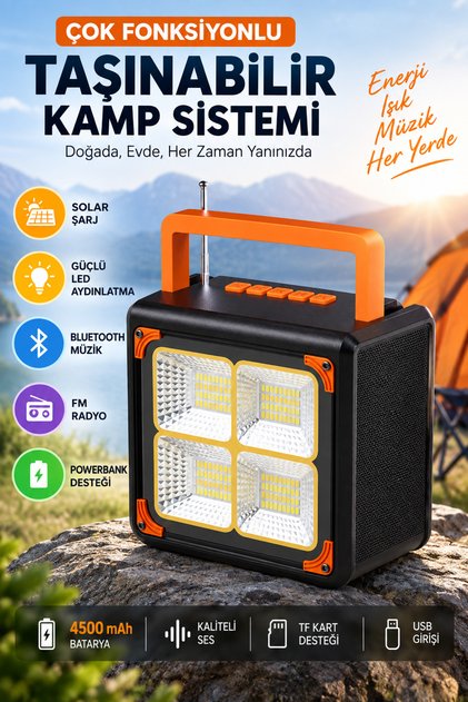 Taşınabilir Solar Güneş Enerjili LED Kamp Lambası Bluetooth Hoparlör FM Radyo Powerbank USB TF Kart Destekli Çok Fonksiyonlu Aydınlatma Sistemi