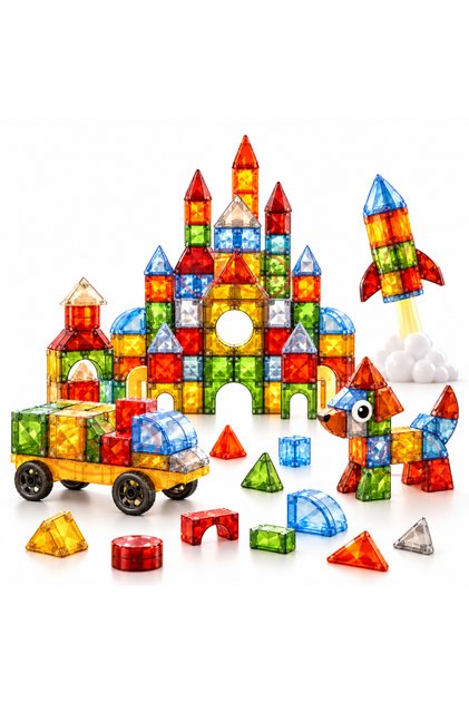 Set magnetic de constructie STEM cu piese translucide colorate tip vitrarii – joc educativ pentru copii, 105 piese, 3 ani +