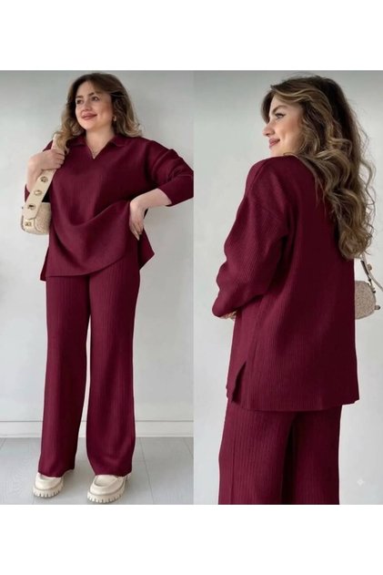 Women's Knitwear Set Polo Collar Detailed Sweater and Pants