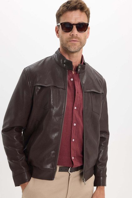 Men's Relax Fit Comfortable Cut Notched Collar Snap Detail Pocketed Zippered Brown Leather Coat Jacket