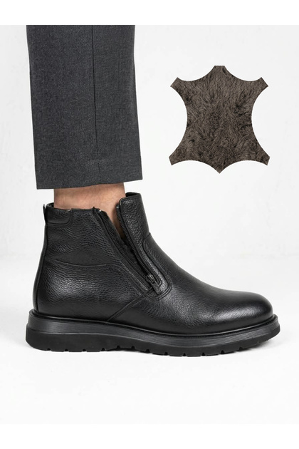 Genuine Leather and Fur Inside, Double Side Zipper Boots, Men's Shoes