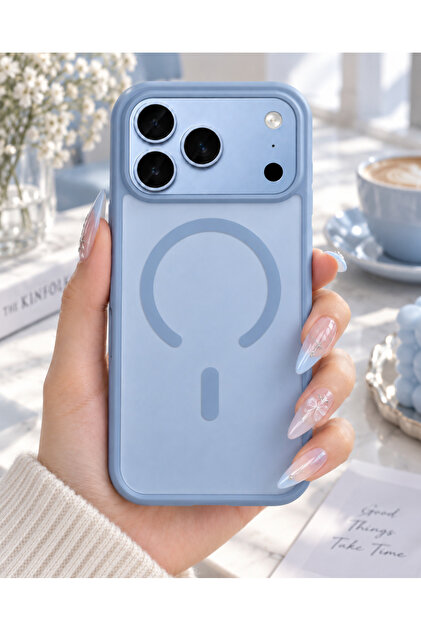 iPhone 17 Pro Max/18 Pro Max Kılıf Magsafe Uyumlu Transparan Sky Blue Mavi Parmak izi Tutmayan Silinebilir Yumuşak Koruyucu Telefon Kılıfı - Kapak