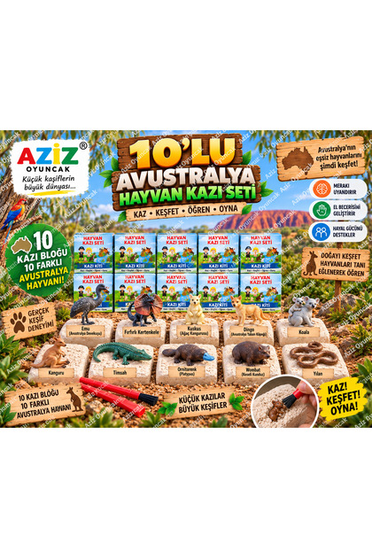🦘 10’lu Avustralya Faunası Kazı Seti | Sürpriz Hayvan Figürlü Keşif ve Kazı Oyuncağı