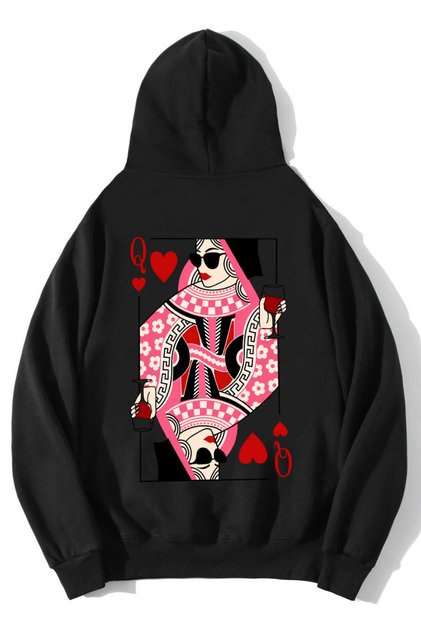 Unisex Oversize Queen of Hearts Playing Card Girl Q Hoodie Black