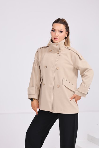 Women's Oversize Stand Collar Buttoned Pocket Short Cashmere Coat
