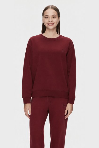Sunniva Burgundy Crew Neck Cotton Embroidered Loose Fit Women's Sweatshirt