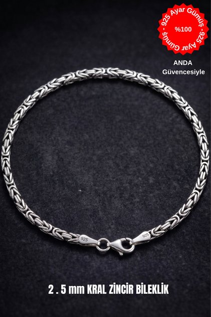 925 Ayar Gümüş 2.5 mm Kare Kral Zincir Erkek Bileklik-Hediyelik-Şık Kutulu
