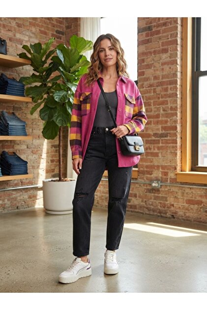 Women's Fuchsia Yellow Checkered Lumberjack Flannel Shirt Jacket