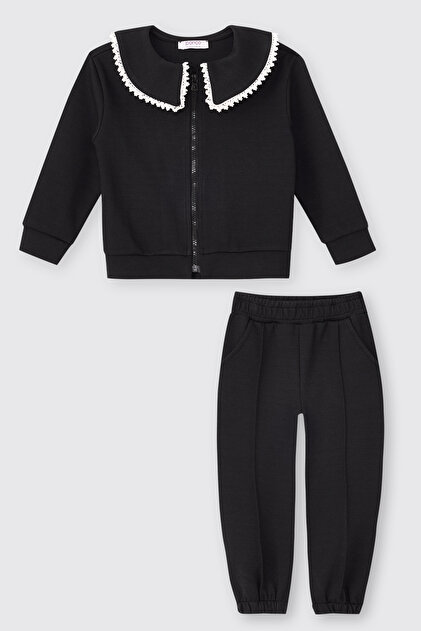 Baby Girl Zippered Sweatshirt and Elastic Waist 2-Piece Navy Blue Tracksuit Set