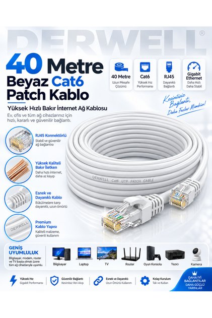 40 Metre Cat6 Fabrikasyon 1 Gbps 250 MHz Ethernet Internet Lan Ethernet Kablosu Yüksek Hızlı Gigabit Uyumlu RJ45 Hazır Soketli Modem Bilgisayar Playstation Akıllı TV Bağlantı Kablosu Kesintisiz
