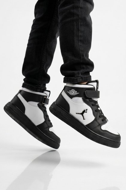 Black-White Velcro Basket Style Ankle Length Sneaker Boys' Sports Shoes Haykat Long Air