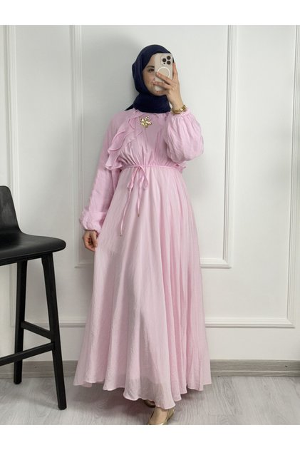 5162-1 Drawstring Long Dress with Metal Accessory Detail