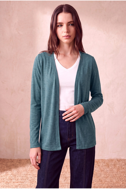 Women's Viscose Blended Mediterranean Blue Melange Long Sleeve Open Front Cardigan Esther