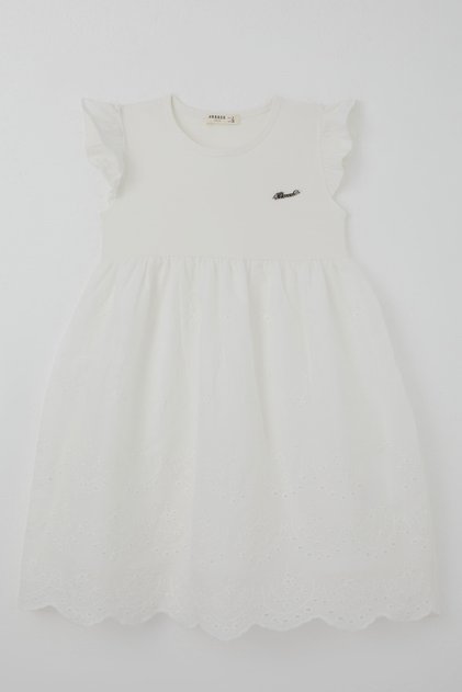 Girl's Short-Sleeved Dress with Lace Detail on the Skirt and Floral Embroidery, Ages 5-10, Ecru