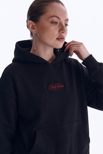 Unisex Oversize Hoodie Chmp Studios Embroidered Black - Hooded, Pocketed, 3 Thread Fleece
