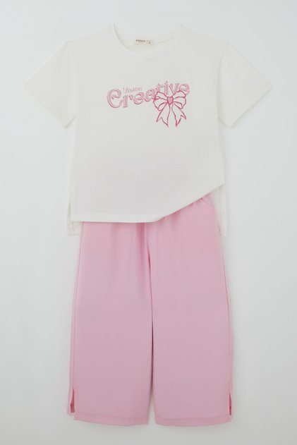 Girl's Trouser Suit, Inspiration Themed, Bow Printed, Slit, 8-14 Years, Ecru