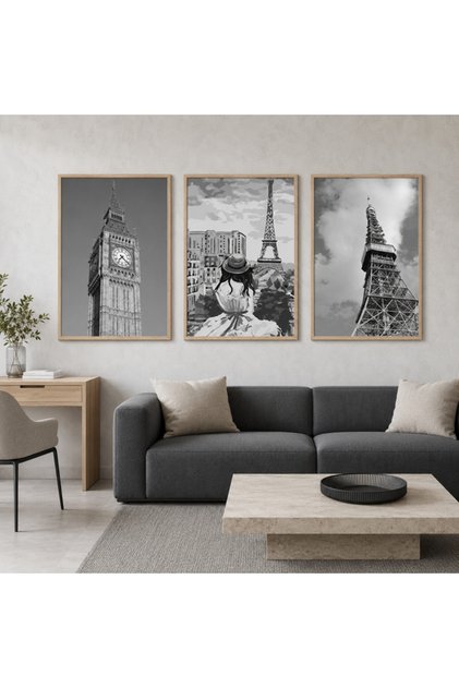 Big Ben Eyfel Kulesi Şehir Temalı 3 Parça Çerçeveli Dekoratif Duvar Tablosu - R0210