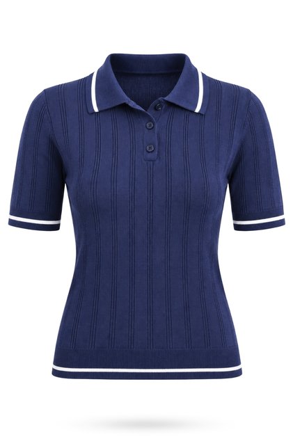 Navy Blue Polo Neck Short Sleeve Knitted Sweater