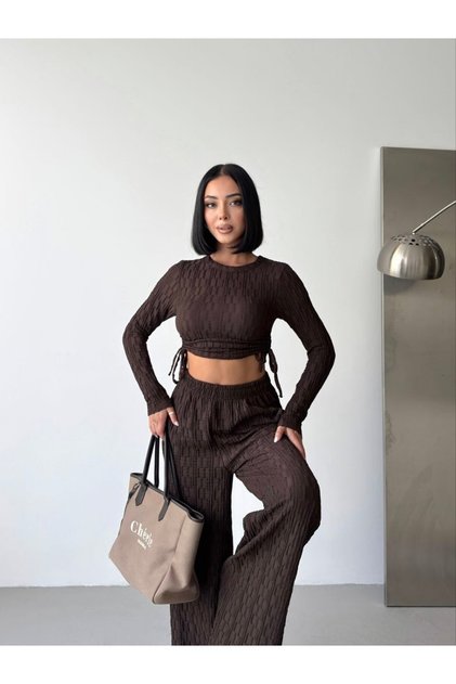 Women's Crew Neck Side Gathered Blouse and Wide Leg Pants Set