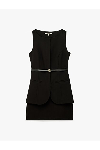 Belted Sleeveless Crew Neck Layered Mini Dress