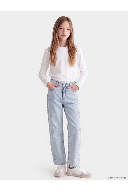 Alita City Lcw Kids Blue Straight Fit Stone Embroidered Girls' Jean Pants with a Difference