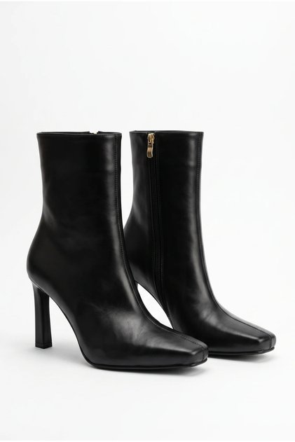 Women's Thin Heeled Square Toe Zippered Ankle High Heel Boots - Lumi - Black Leather