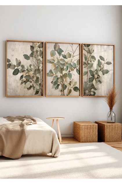 Natural Wood Framed 3-Piece Eucalyptus Leaves Wall Decor Decorative Painting Set for Living Room Living Bedroom Kitchen