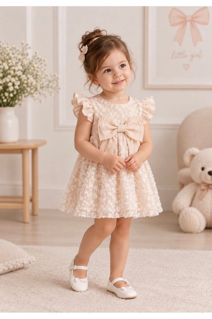 Girls' Dress Tulle Embroidered Flowers with Bow-Apricicot Color