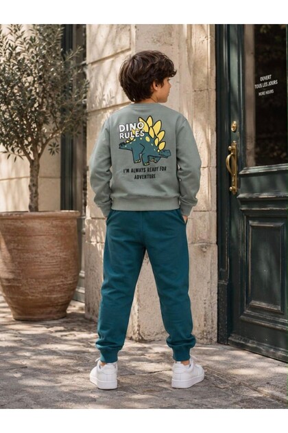 Erkek Çocuk Dino Rules Baskılı Sweatshirt Ve Eşofman Altı Takımı / %100 Pamuk İkili Takım