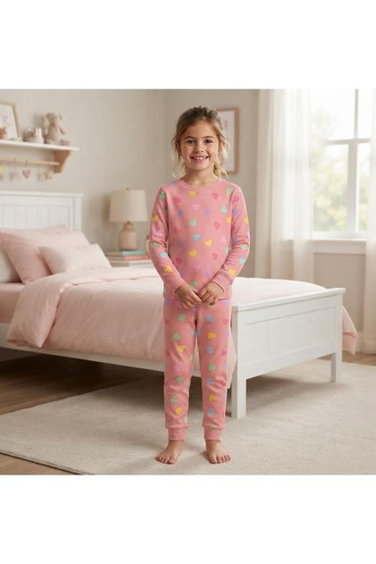Girl's Pink Colorful Heart Patterned 100% Cotton Long Sleeve Pajama Set