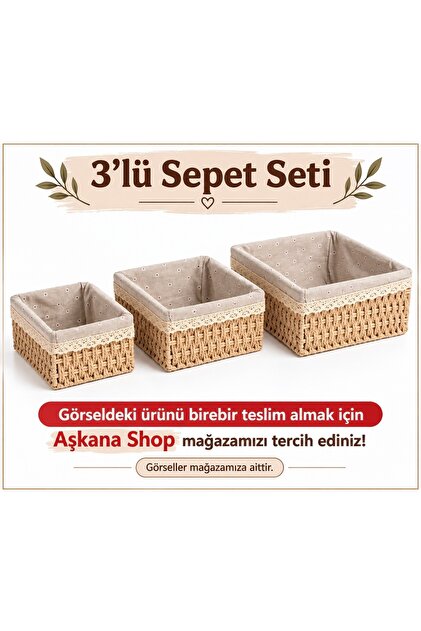 3’lü Dikdörtgen Hasır Sepet Seti Kumaşlı Dantelli Dekoratif Organizer Çok Amaçlı Banyo Mutfak Düzenleyici